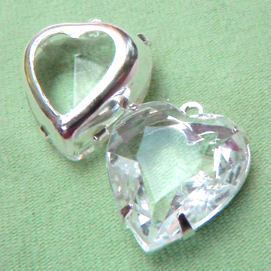 Vintage Glass Jewels - clear rhinestone heart jewels available in silver plated settings and patina brass settings