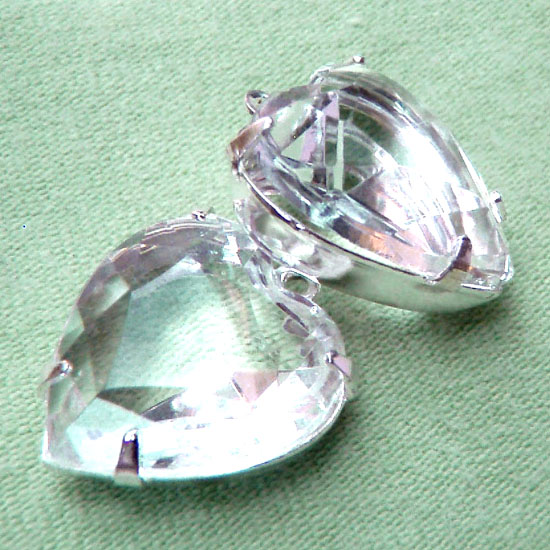 Vintage Glass Jewels - clear rhinestone heart jewels available in silver plated settings and patina brass settings
