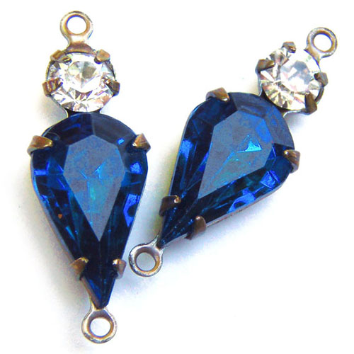 Sapphire Vintage Pear Jewel and Crystal Rhinestone Two Jewel Charms